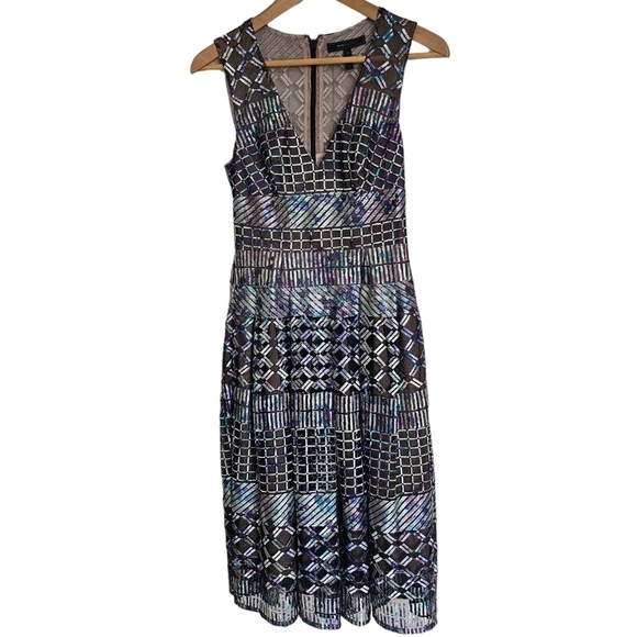 Bcbgmaxazria multicolor metallic engendering embroidery vneck pleated bodem xxs - Picture 4 of 9